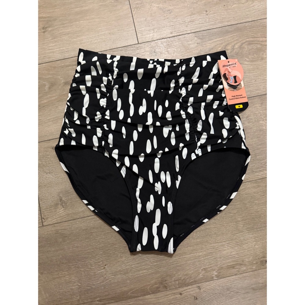 Shapermint High Waisted Control Bikini Bottom Black White Dot Medium NWT